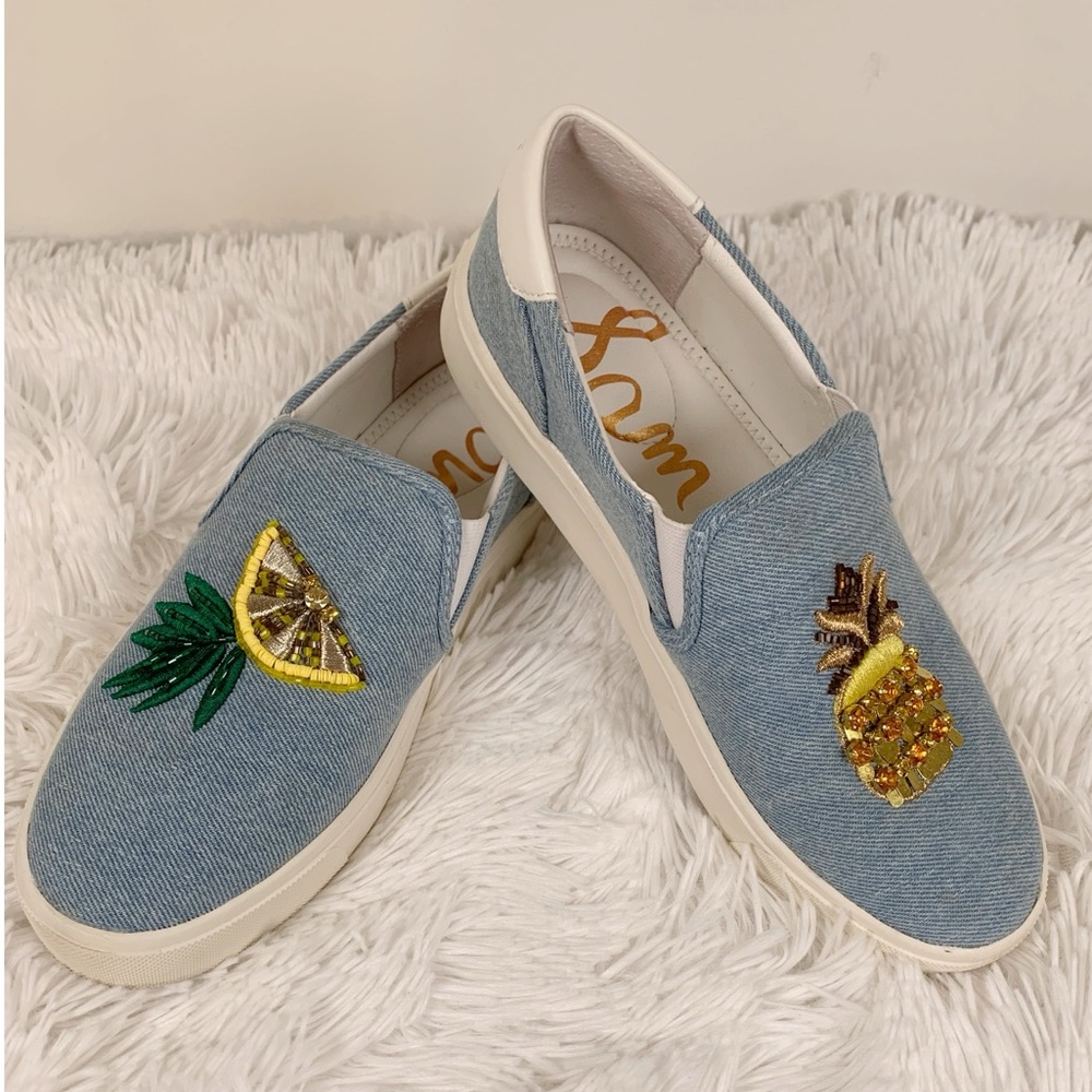 Sam‎ Edelman Embroidered Denim Slip-On Sneakers - Picture 2 of 10